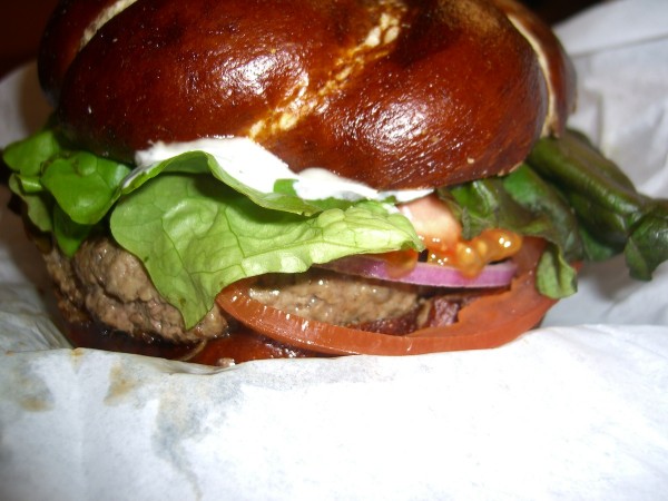 The burger itself is a work of art. This one is a half-pound of beef on pretzel bread.